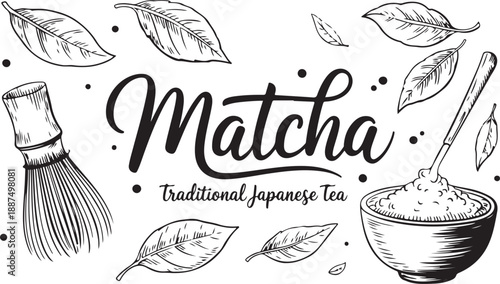Matcha Green Tea Set with Bamboo Whisk and Bowl. Organic Matcha Powder with Leaves and Chasen Whisk Sketch.
