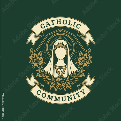 Catholic Community Emblem with Virgin Mary and Roses 1.