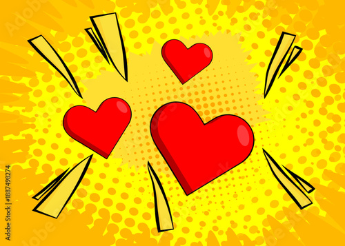 Cartoon Red Heart, comic book holiday. Retro vector comics pop art design.