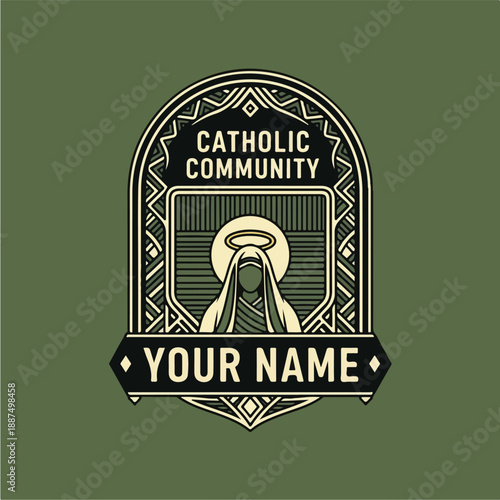 Catholic Community Emblem with Virgin Mary Illustration.