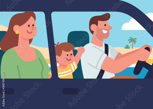 Happy Family on Vacation Using a Car Illustrator Artwork Creative Design Template 