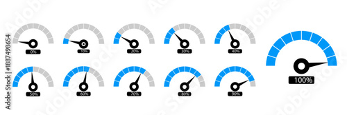 Blue and Grey Speedometer Icon Set for Progress, Performance and Measurement Interface Designs, Vector Illustration, Isolated on Transparent Background