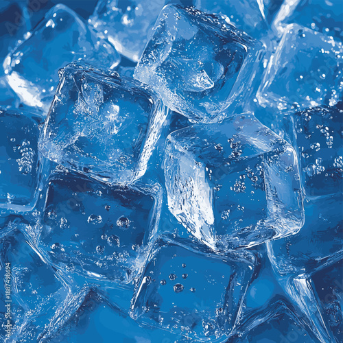 Ice cubes blue texture. Iced clear water close up refresh summer add. Coctail lemonade macro frost photo , vector style simple color