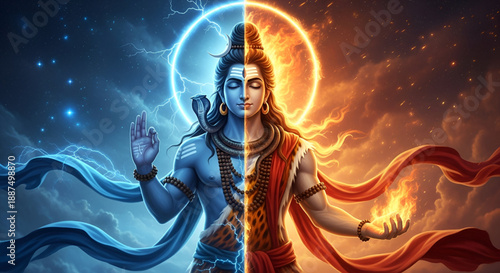 Maha shivratri shiva cosmic energy balance showing fire and calm power divine hindu spirituality faith meditation sacred festival art