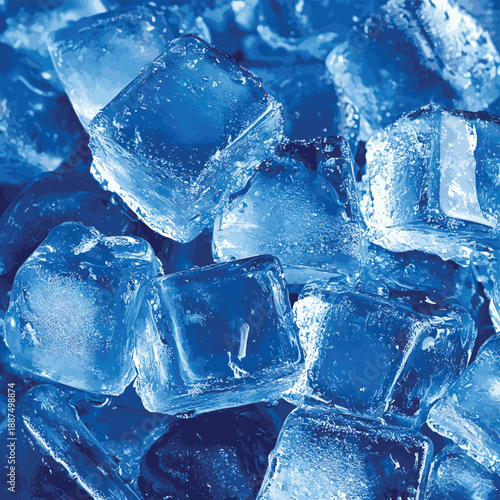 Ice cubes blue texture. Iced clear water close up refresh summer add. Coctail lemonade macro frost photo , vector style simple color