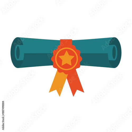 Rolled turquoise diploma tied with an orange and yellow ribbon seal featuring a star