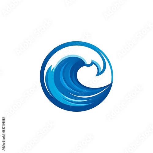 A stylized blue wave logo on a white background