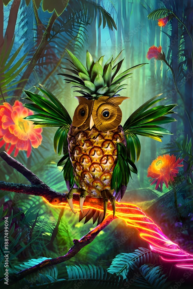 Obraz premium Pineapple Owl Guardian – A Surreal Neon Jungle Sentinel