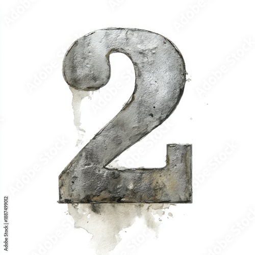 Weathered Metallic Number Two With Drips Against A White Background