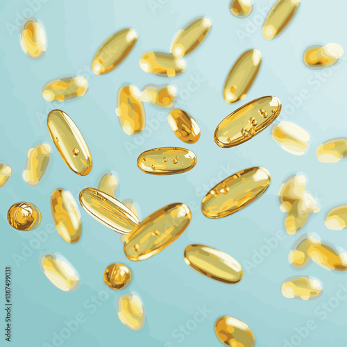 Levitating multivitamin capsules and yellow fish oil softgels falling
