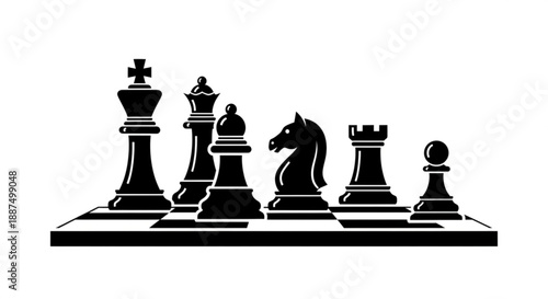 Chess pieces arranged on a game board viewed from the side with various strategic elements
