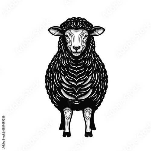 Detailed Black and White Illustration of a Sheep Standing Front View.