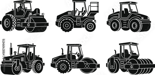 Set of Road Roller and Soil Compactor Icons Isolated on White Background for Construction Industry Heavy Equipment Vector Illustration and Civil Engineering Design