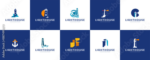 collection of lighthouse logos, symbols marking land, sea, light, warning, vector graphics