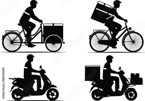 Silhouette illustration of delivery riders using bicycles, scooters, and tricycles with cargo boxes for logistics, courier service, urban transport, or mobility design
