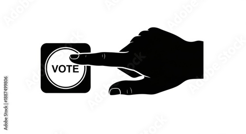 Hand casting vote with finger pressing button with vote text on it