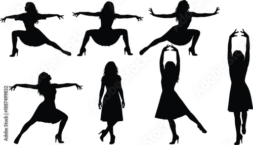 Silhouette illustrations of a woman in expressive dance poses wearing dress and heels for performance art, choreography design, or artistic motion-themed content