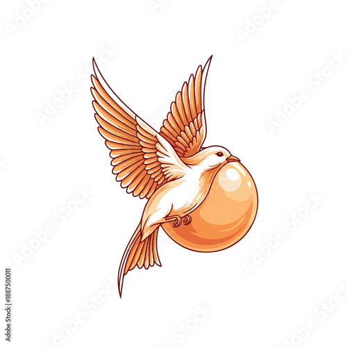 A white dove carrying a large orange sphere in its beak symbolizing peace and hope.