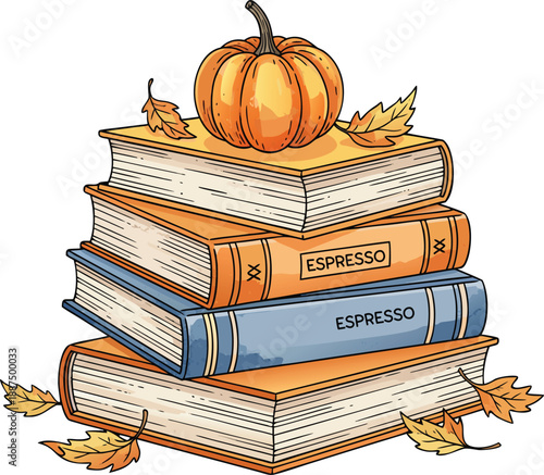 a stack of vintage books topped with a miniature and a pumpkin creates a heap of literature representing knowledge, wisdom, and school education in a library.