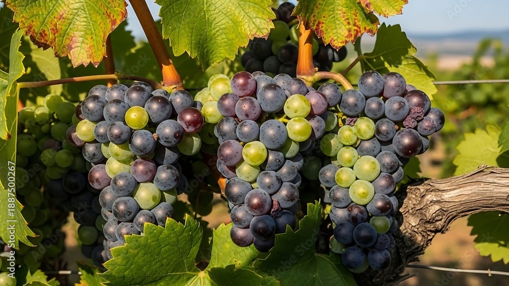 Fototapeta premium Clusters of ripe purple grapes hanging.