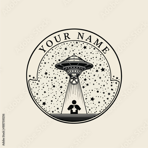 Alien abduction illustration with UFO and person.