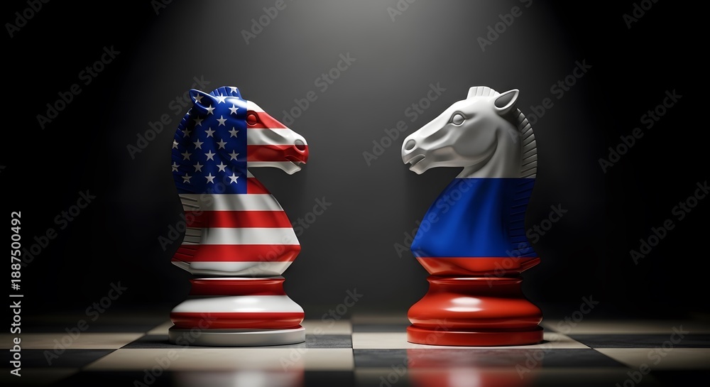Naklejka premium American and russian chess knights facing each other on a board