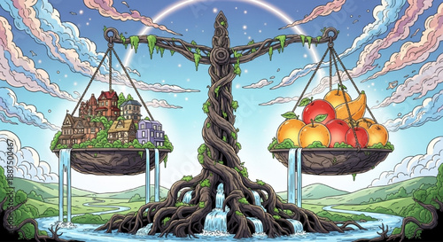 Balanced Life Scale with Houses and Fruits