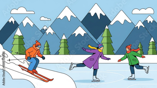 Winter mountain landscape with people skiing and ice skating flat vector illustration for seasonal sports and outdoor recreation