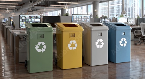 The modern sunlit lobby features recycling bins in green, yellow, and blue lined up