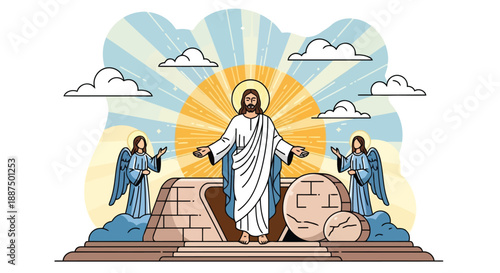 A cartoon vector illustration of Jesus Resurrection