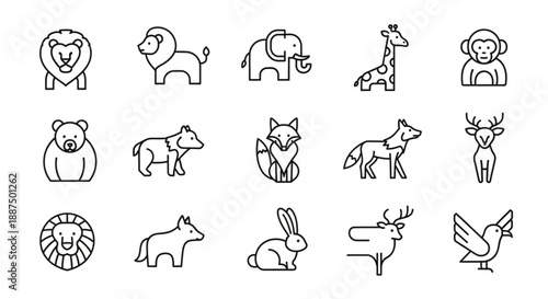 Collection of simple animal illustrations on white background viewed from the front showcasing various species