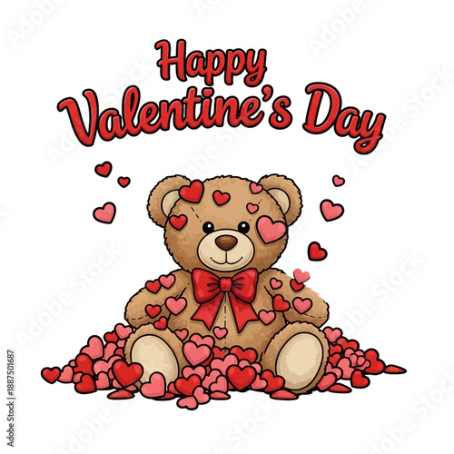 Adorable teddy bear illustration celebrating Valentine's Day with a shower of hearts, perfect for romantic greetings and heartfelt expressions of love and affection