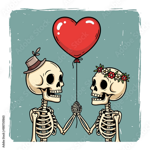 A romantic skeleton couple holds a heart-shaped balloon, celebrating love with a whimsical, artistic touch