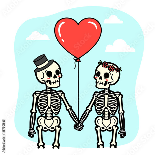 A charming cartoon illustration of a skeleton couple in love, holding hands and a heart-shaped balloon, set against a soft blue sky with fluffy clouds, perfect for Valentine's Day and romantic themes