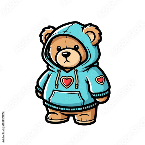 Cute cartoon teddy bear wearing a light blue hoodie with heart emblems, isolated on white background, perfect for children's designs and apparel