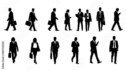 Silhouettes of Business People Walking and Working.