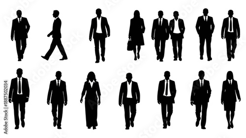 Silhouettes of Business People Walking Alone Together.