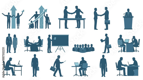 Silhouettes of Business Professionals in Various Scenes.