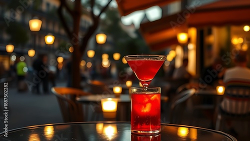 milan. Milanese cafe at dusk with a glowing red cocktail and warm evening ambiance. bar promotions, beverage menus, designed for food & beverage menus and cafe branding, used by product marketers.
