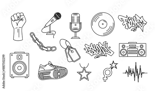 Minimal Hip Hop Line Icons Collection with Editable Stroke for Urban Music Design