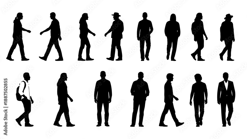 Fototapeta premium Silhouettes of People Walking in Various Poses.