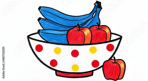 Fruit Bowl Concept Poster - Hand Drawn Blue Bananas and Red Apples Illustration for Nursery and Education