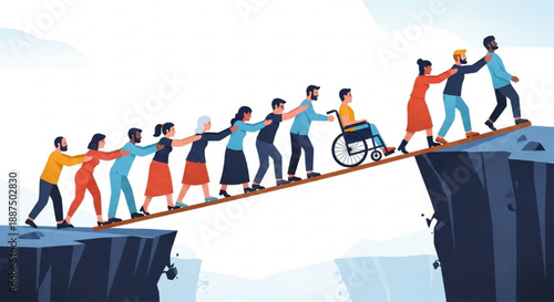 Diverse People Helping Each Other Cross Chasm