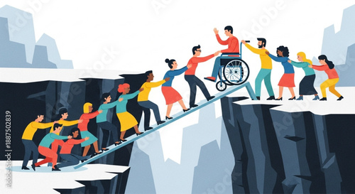 Diverse People Helping Each Other Cross Chasm