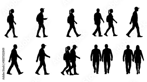 Silhouettes of People Walking in Various Poses.