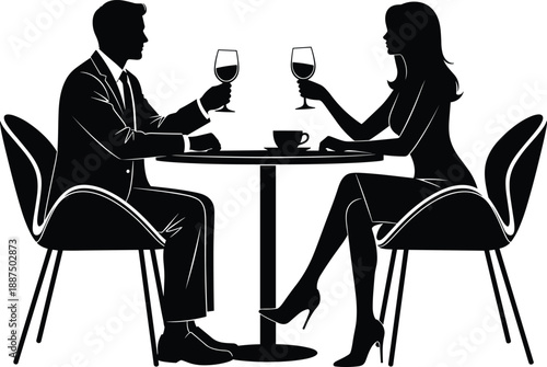 Couple dining silhouettes at restaurant table, man and woman toasting wine glasses, romantic dinner date concept, elegant black vector illustration