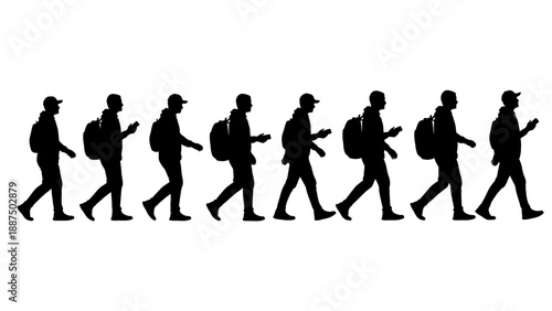 Silhouettes of people walking with backpacks.