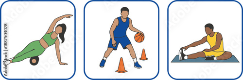 Vector sports and fitness illustration set featuring three panels: a woman performing a foam roller side stretch, a basketball player dribbling through agility cones, and a man doing a seated hamstrin
