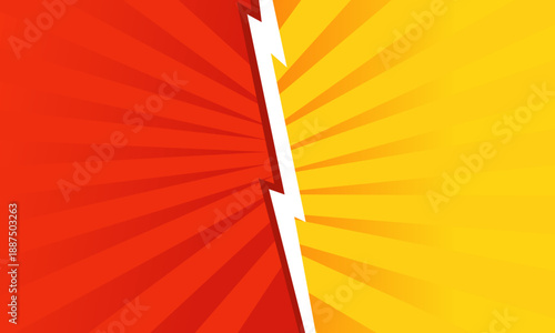 Dynamic lightning bolt dividing vibrant red and yellow backgrounds.