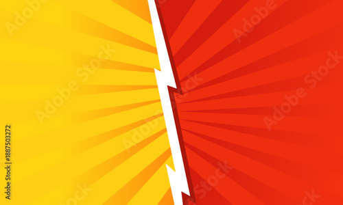 Dynamic lightning bolt dividing vibrant red and yellow comic book style background.